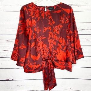 Liz Claiborne Career Red Floral Front Tie Blouse Size Small Valentine’s Day